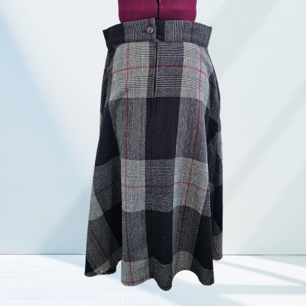 Vintage Wool Blend Plaid Womens Black & Gray Plaid Midi Skirt - Picture 5 of 16